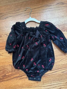 Noralee Black Velvet Baby Romper with Red Floral Embroidery